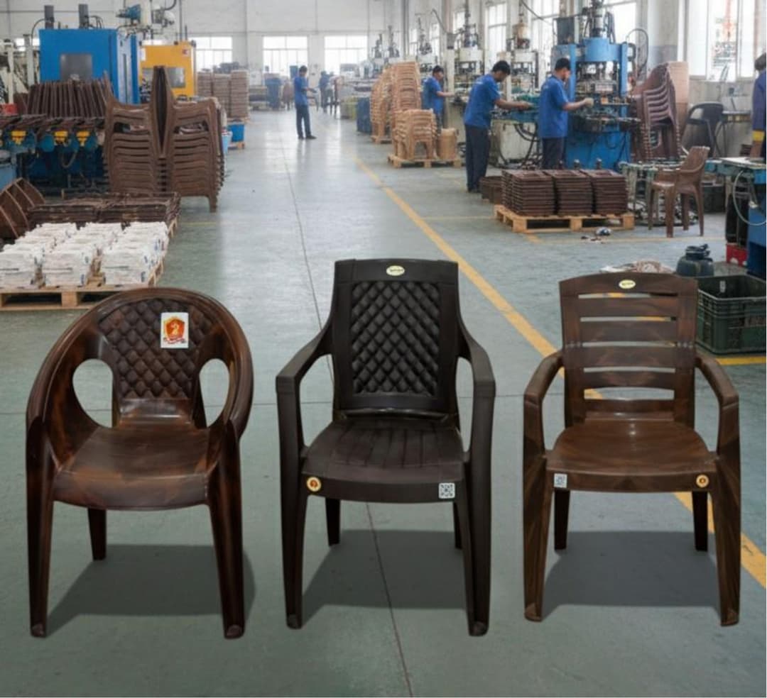 Premium plastic chairs in brown and black colors displayed in factory setting
